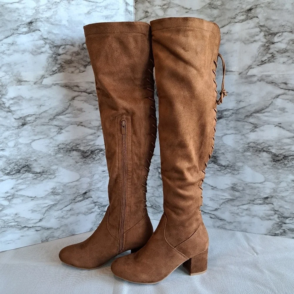 Faux Suede Over The Knee Block Heeled Stretch Boots Camel Full Lace-Up Back‎ 8